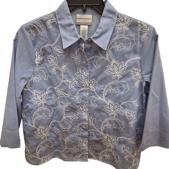 NWT Alfred Dunner Petite Medium Blue Stripe Floral Embroidered Button Blouse - Picture 1 of 3
